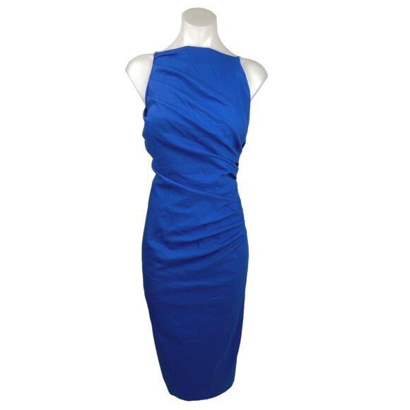 Zara Blue Sleeveless Halter Ruched Pencil Bodycon Midi Formal Cocktail Dress L - Picture 1 of 7